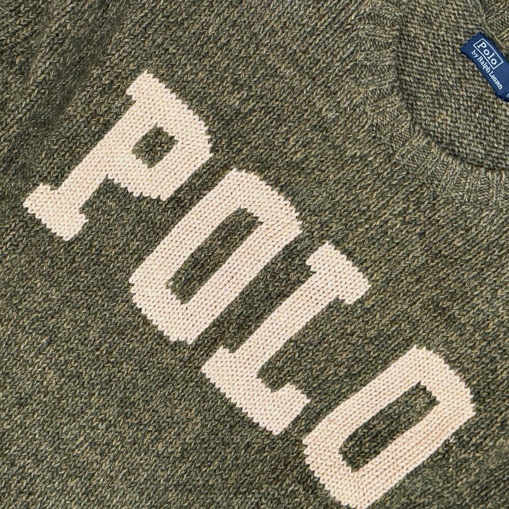 Polo Ralph Lauren POLO Logo Crewneck Sweater Olive Cream Varsity Preppy Cotton - Picture 4 of 5